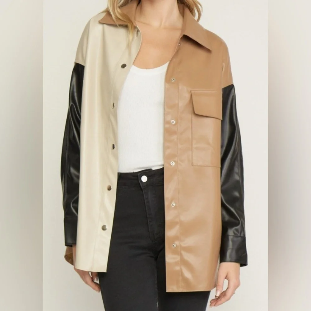 BiBi Color Block Faux Leather Shacket